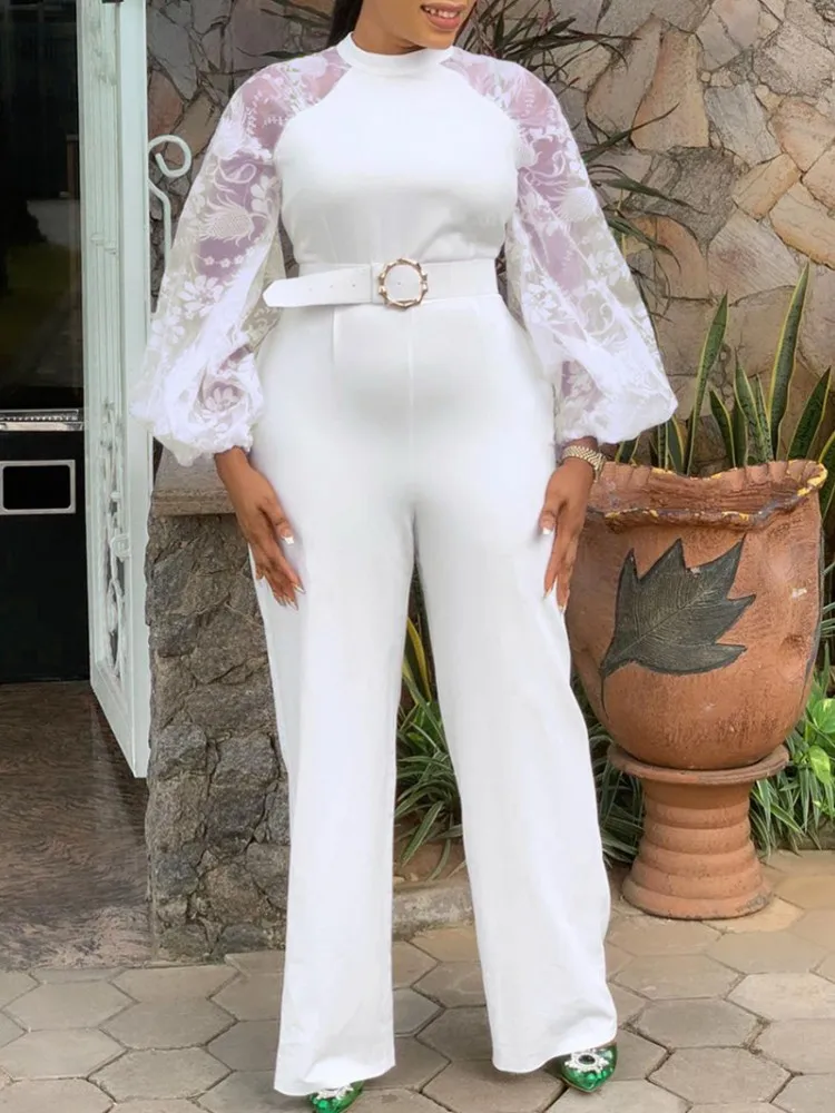 

Африканские комбинезоны Дашики для женщин, вечерние кружевные прозрачные комбинезоны с круглым вырезом и блестками, с длинным рукавом и ши...