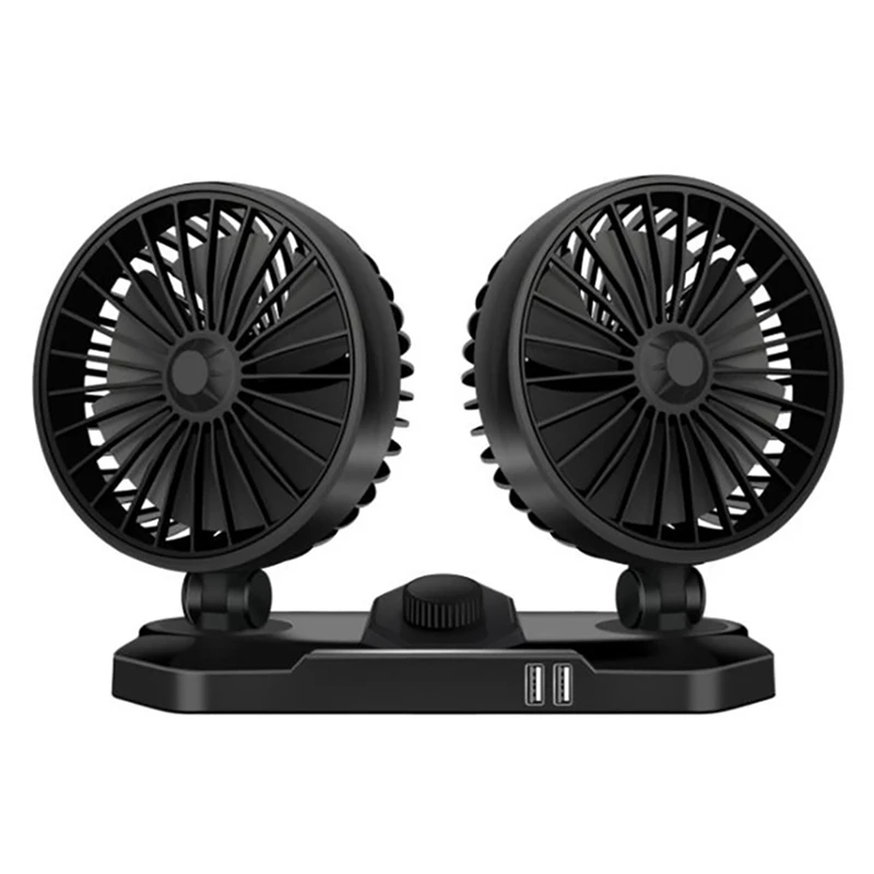 

360 Degree Rotatable Car Fan 12V DC Fan 2 Speed Dual Head Car Fans Cooler with 2 USB Output Port for Truck,Auto,Off-Road