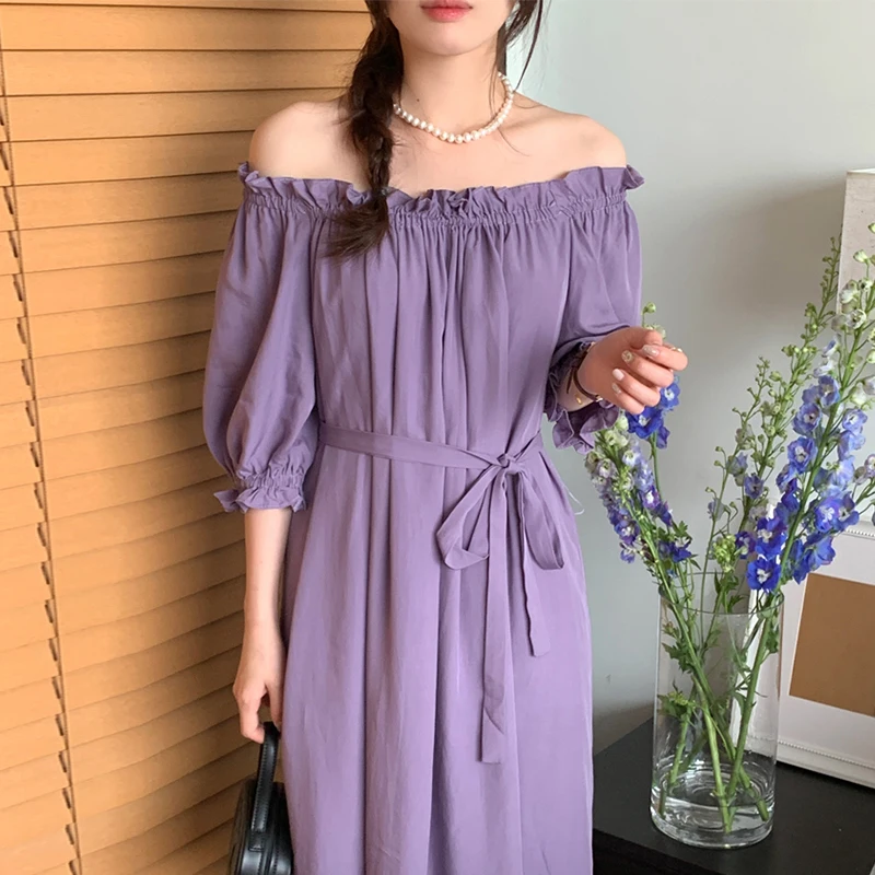 

VANOVICH Korean Sweet Summer New Temperament Slash Neck Solid Color Patchwork Edible Tree Fungus Loose Puff Sleeve Long Dress