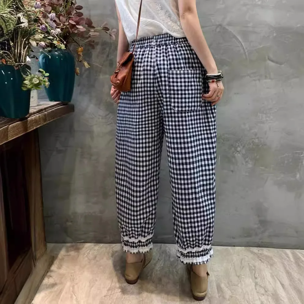 Летние хлопковые льняные шаровары в стиле ретро женские кружевные клетчатые