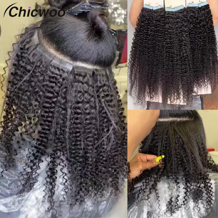 CHICWOO 10A 12A bant içinde saç ekleme doğal renk 100% bakire brezilyalı İnsan saç siyah kadınlar için Kinky kıvırcık dikişsiz atkı