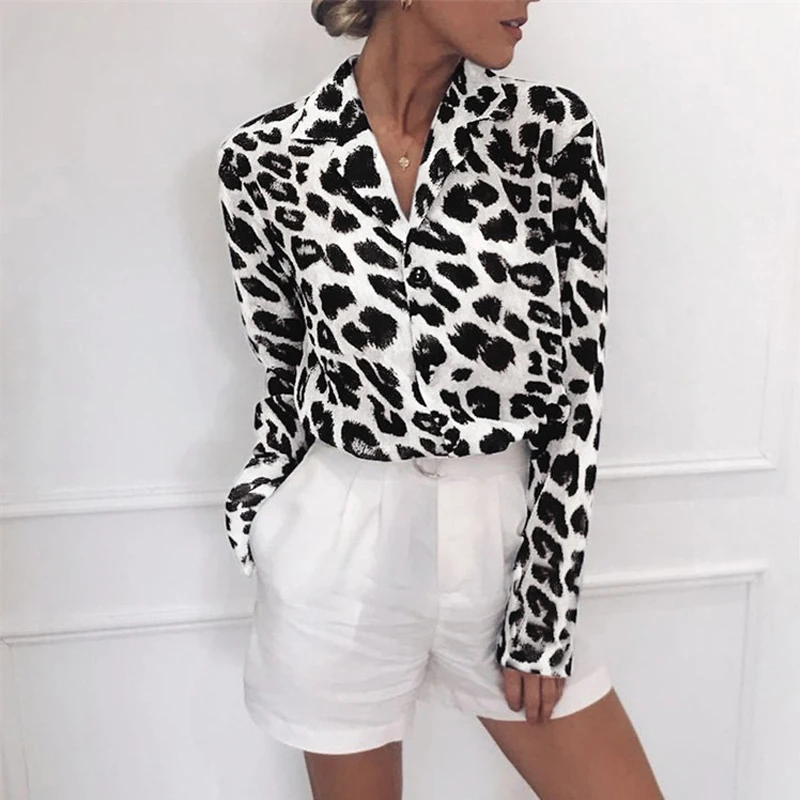 

Sexy Leopard Print Blouse Chiffon Blouse Long Sleeve Turn Down Collar Lady Office Shirt Tunic Casual Loose Tops Oversized Blusas