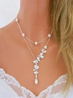 metal flower imitation pearl necklace drop pendant multi layer necklace for woman