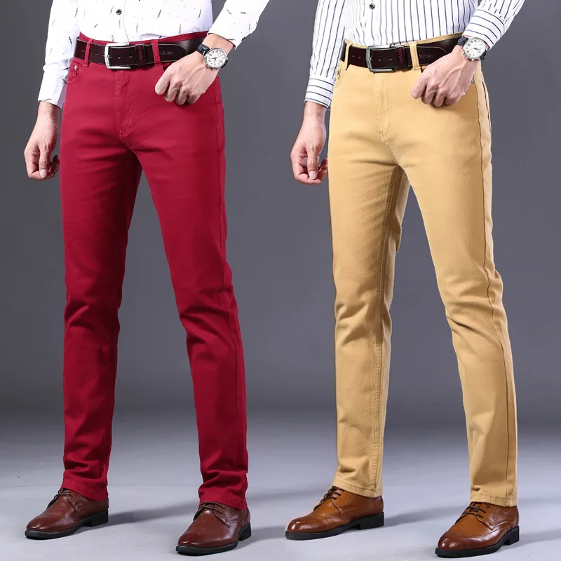 Classic Style Men's Khaki Burgundy White Jeans Fashion Business Casual Straight Denim Stretch Black Trousers Male Brand Pants