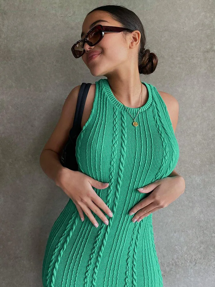 

New Summer Solid Color Knitted Sleeveless Round Neck Dress Women Outfits Streetwear Clubwear Casual Urban Bodycon Tank Dresses