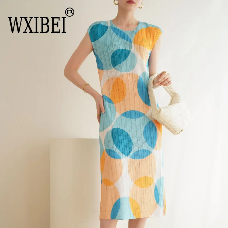 

WXIBEI 2023 Summer New Pleated Dress For Women Round Neck Loose Polka Dots Print High Waist A-line Fashion Female Dresses FC536