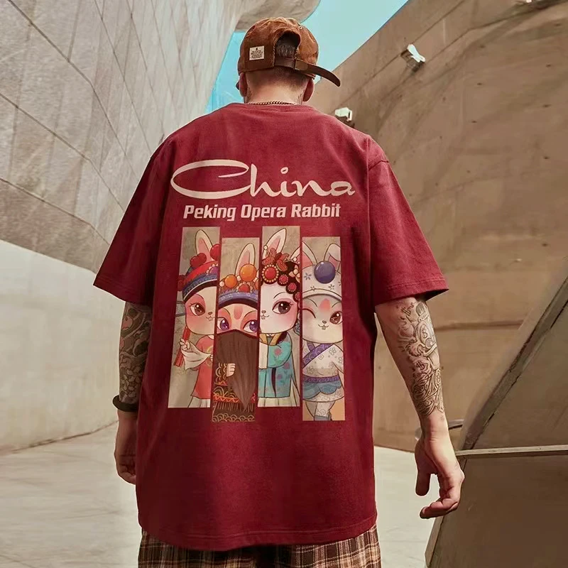 

2023 Summer Funny Rabbit TShirt Loose Pure Cotton New Chinese Style Retro Short Sleeve Cartoon Anime Tee Personality Comfortable