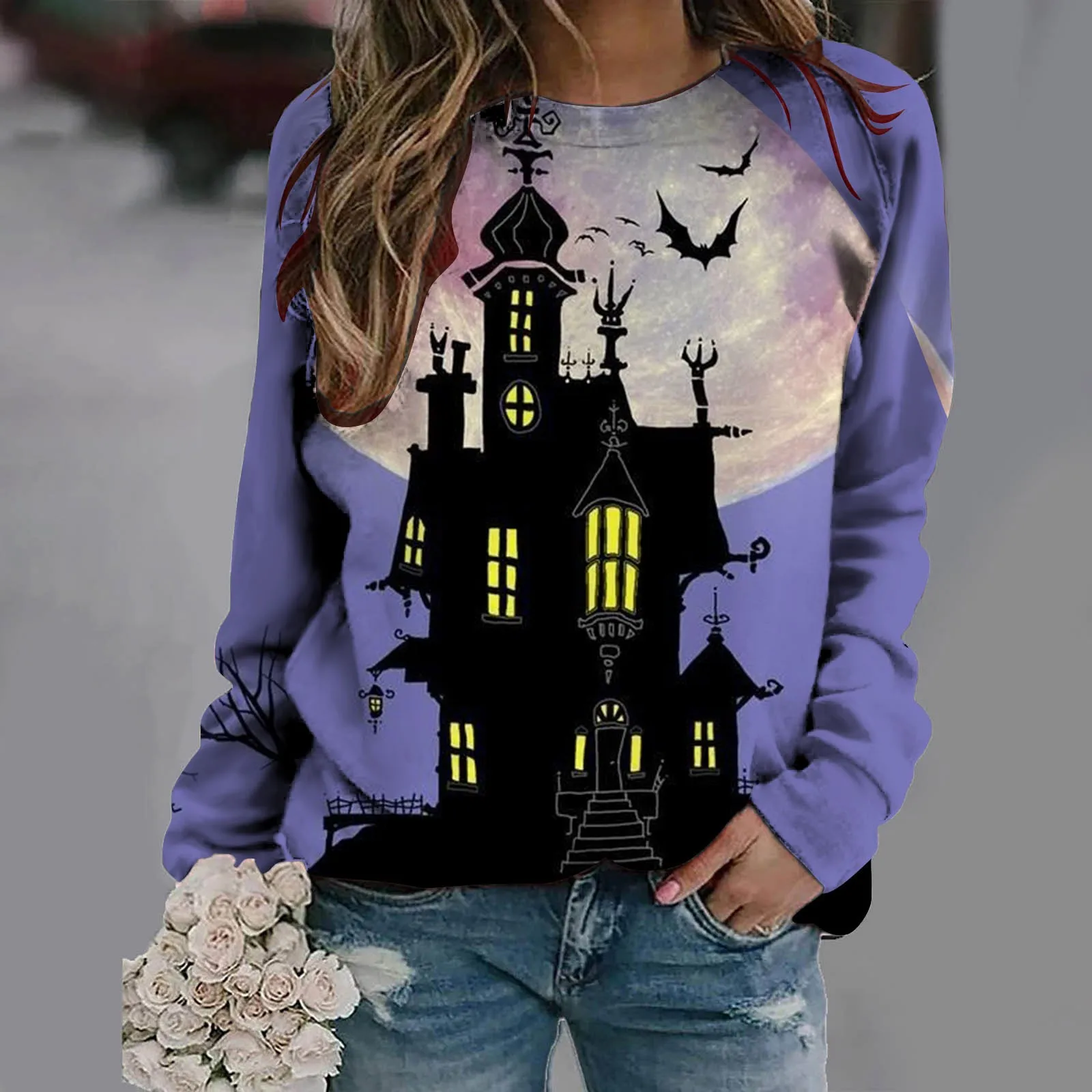 

Ladies Sweatshirts Pullover Halloween Womens Casual Long Sleeve Crew Neck Skeleton Printed Hoodless Pullover Yoga with Pocket
