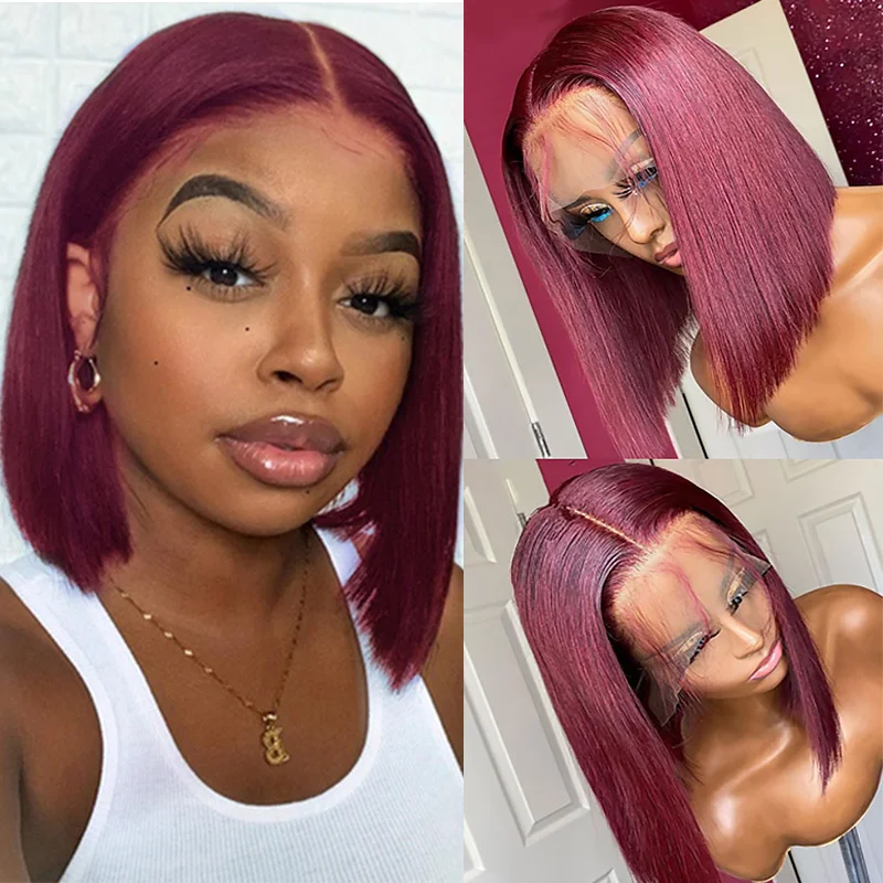 

13x4 Straight Burgundy Bob Lace Front Wigs 99J Lace Front Human Hair Wigs Brazilian Pre plucked 180% Density Jazz Star Non-Remy