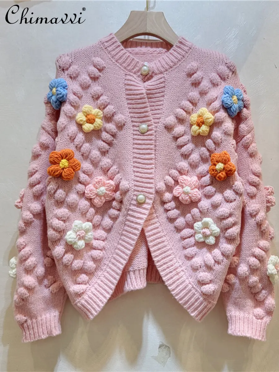 

White Flower Long Sleeve Knitted Cardigan for Women 2022 Autumn Winter New Fashion Fashion Sweet Design Cropped Sweater Coat