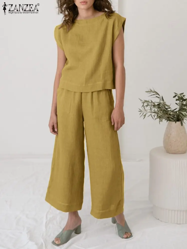 ZANZEA Women Summer Matching Sets Suit O-Neck Sleeveless Solid Color Blouse And Elastic Waist Wide Leg Pants Femme Fashion Suit