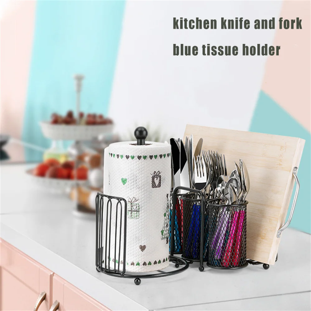 

Kitchen Three-in-one Chopsticks Cage Knife And Fork Rack Black Metal Rack Storage Basket Paper Napkin Napkin Cutting Board