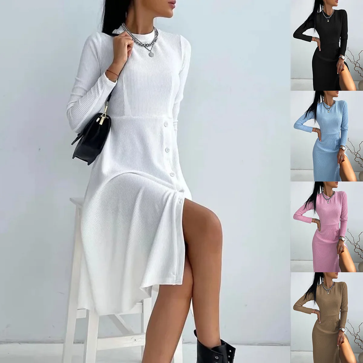 

Женское однотонное платье-рубашка с длинным рукавом