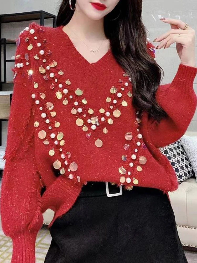 

Высококачественный вязаный свитер с v-образным вырезом и пайетками; Новинка 2023 года; Сезон осень-зима; Модная женская одежда в Корейском стиле