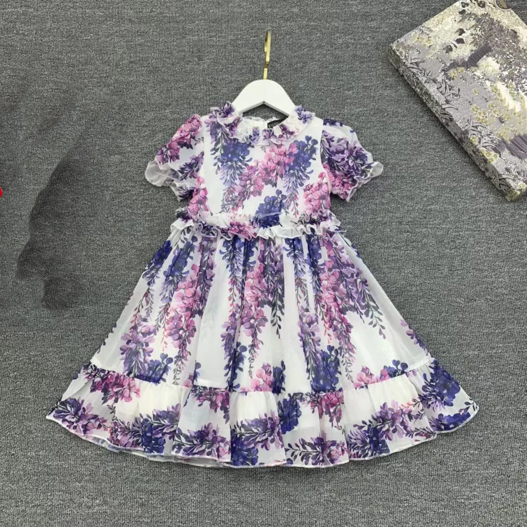 

2022 Summer high quality fashion brand purple printed bubble sleeve Pleated Chiffon Girls Dress 2 4 6 8 10 years old