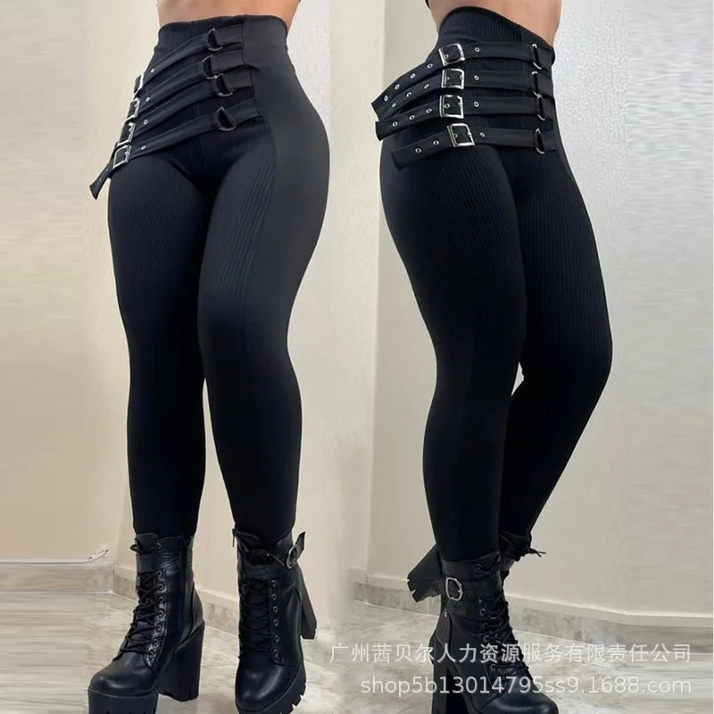 

High Waist Buckled Skinny Pants Women Belt Spring Summer Slim Pencil Pants Solid Color Fashion Casual Sexy