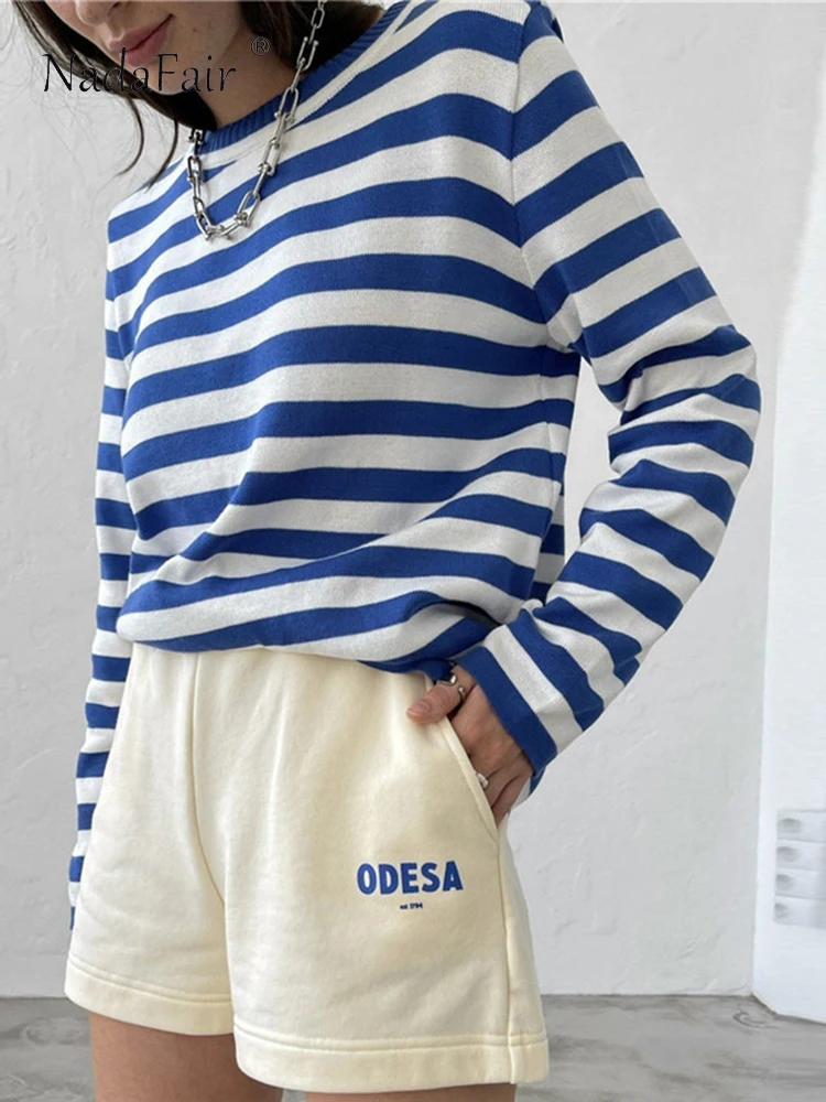 

Nadafair Long Sleeve O Neck Striped Casual T Shirt Women Loose Autumn Knitted Sweater Pullover Y2K Basic Tops 2022 Fashion