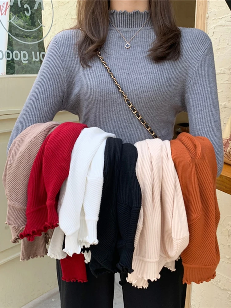 

Basic Ruffles Turtleneck Slim Sweater Pullover Women Autumn winter Casual long Sleeve Sweater For women Female Chic Jumpers top