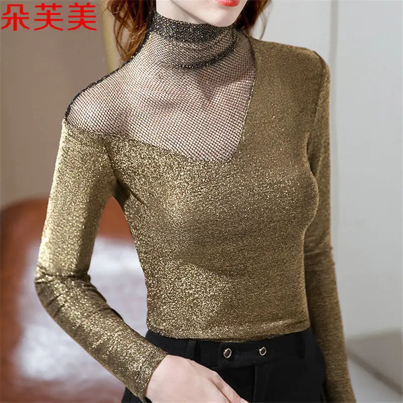 

Autumn Women Thin Black Lace T Shirt Female Half Turtleneck Long Sleeve Slim Lace Patchwork Tee Tops Ladies Bottoming Shirt G237