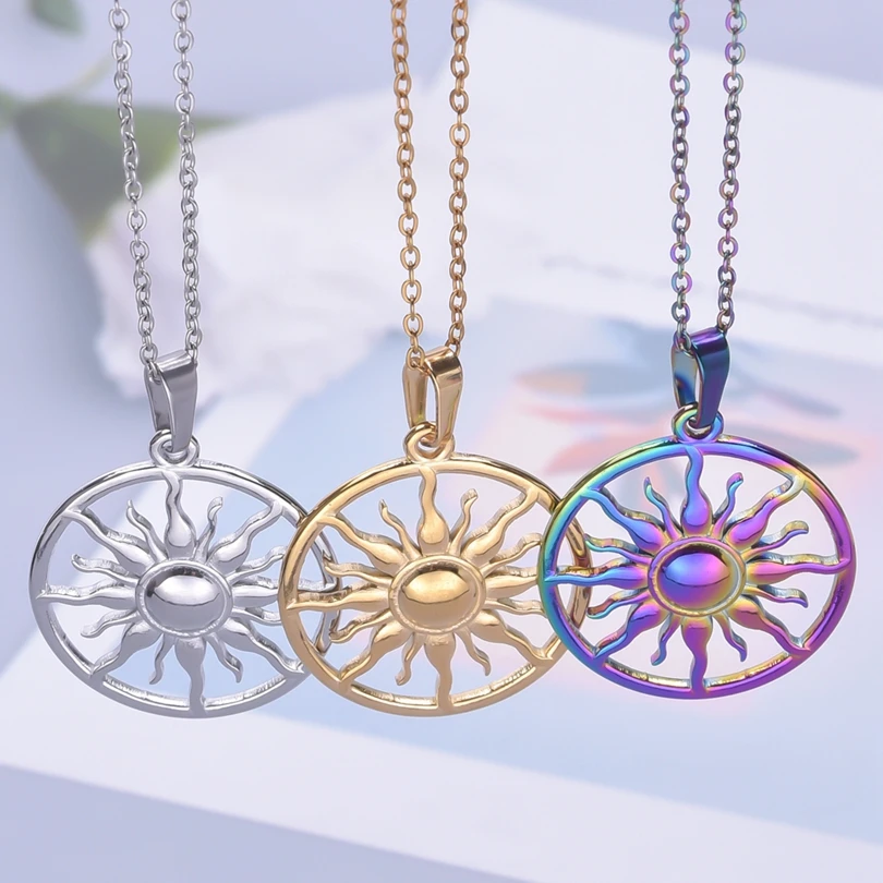 

High Quality Fashion Punk Round Sun Pendant Necklace for Women Men Stainless Steel Sun Flames Pendant Choker Jewelry Collars