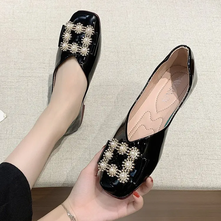 

2022 New Fashion Spring Women's Flat Shoes Round Toe Women's Shoes Square Toe Beaded Metal Buckle Shiny Women Plus Size