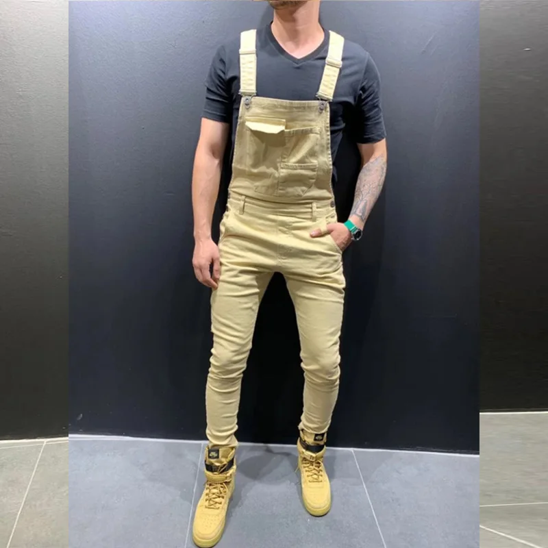 New Denim Bibs Slim Men's Jeans Jumpsuits Trousers Solid Color Male Overalls Full Length Skinny Pants Mameluco Hombre Trabajo