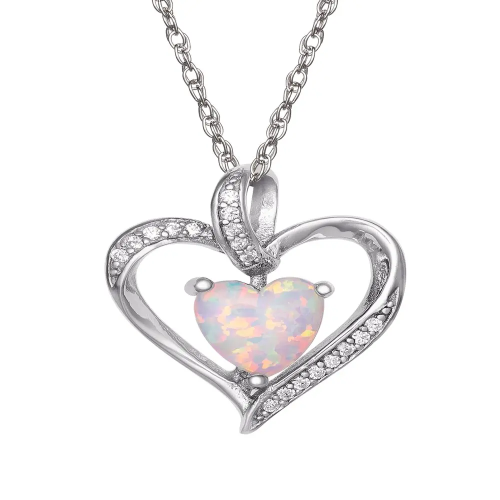 

NEW Sterling Silver 14kt Gold Plated Cubic Zirconia and Created Opal Heart Pendant and Earring Set 18" Chain fast shipping