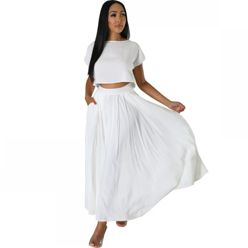 Two Piece Set Dashiki African Women Party Dress Short Sleeve Tops And Pleated Maxi Skirt 2023 Summer Holiday Beach Outfits Suit