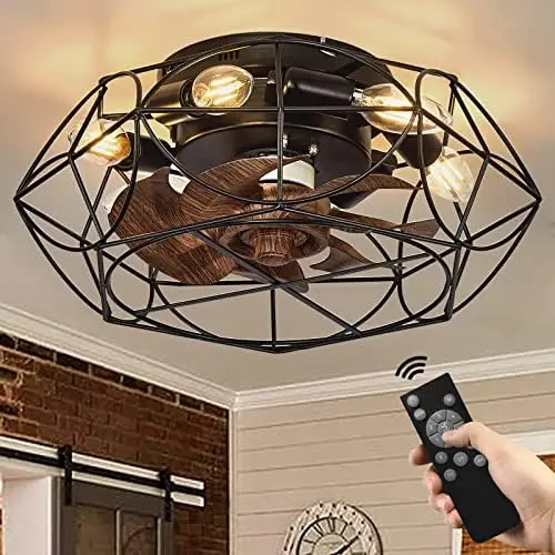 

Ceiling Fans with Lights, 15" Small Caged Ceiling Fans with Light Flush Mount, Low Profile with Remote and 6 Wind Speeds fo Liv
