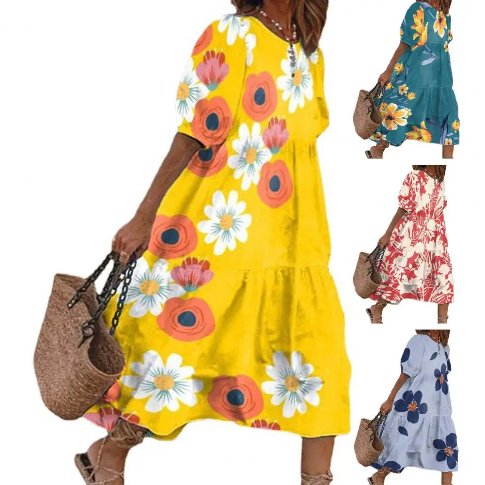 

Lantern Sleeve Dress Women 2023 Summer Vintage Solid Color Party Beach Holiday Mid Dresses Female O Neck Sundress Dresses Robe