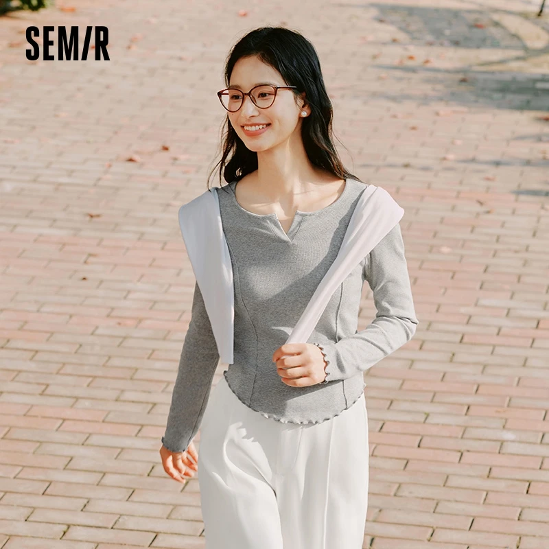 Фото Semir однотонная женская футболка с длинным рукавом, новинка весны 2025 года, свободный универсальный топ №2