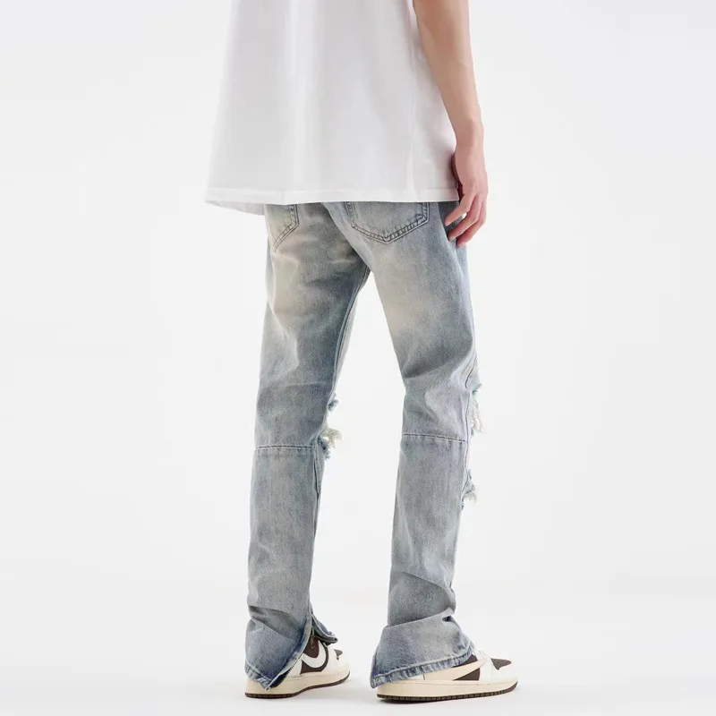 Men's and Women Same Style Trousers Four Seasons Trend Ripped Blue Stitching Denim Straight Luxury Jeans Streetwear Ins Hot Sale