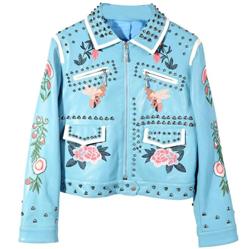 

New rivet embroidery motorcycle PU jacket 4xl long-sleeved lapel leather coat women