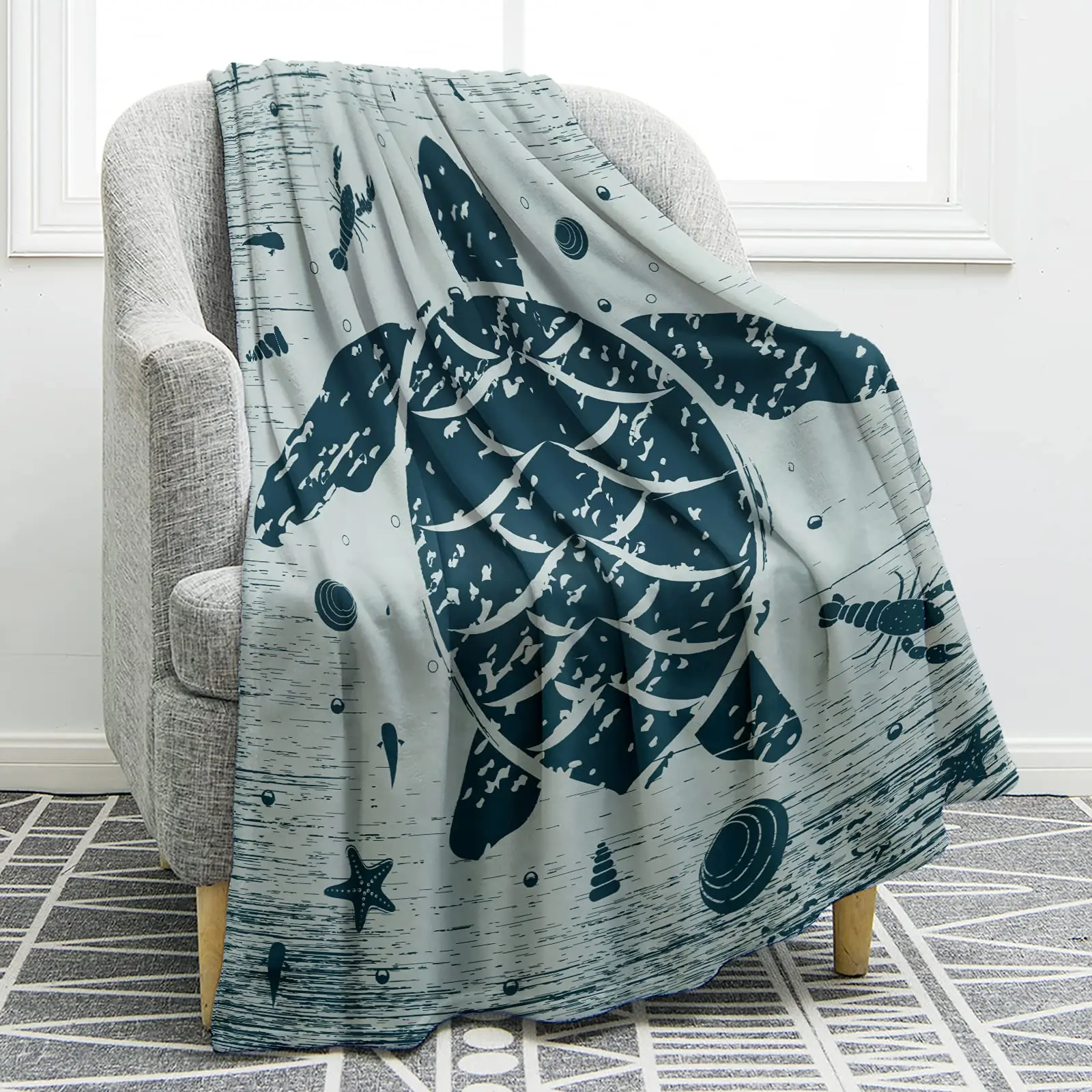 

Sea Turtle Blanket Marine Animals Print Throw Blanket for Lightweight Cozy Soft Print Warm King Full Size for Women Girl Gift