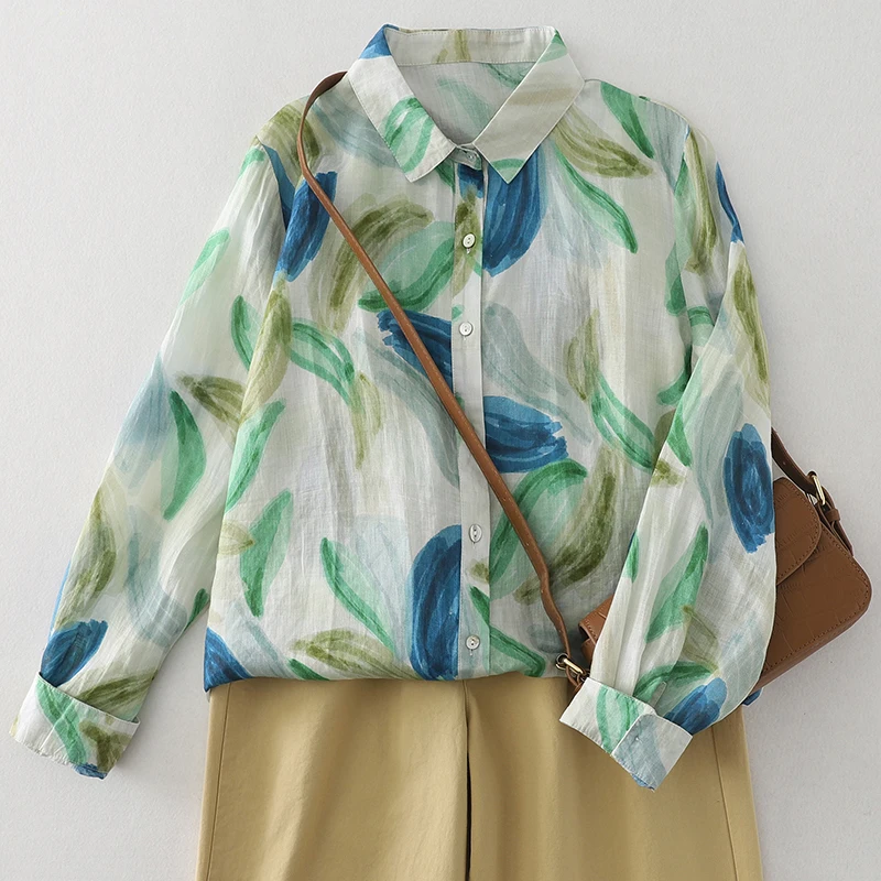 Женская шикарная свободная блузка с длинными рукавами и пуговицами со свежим