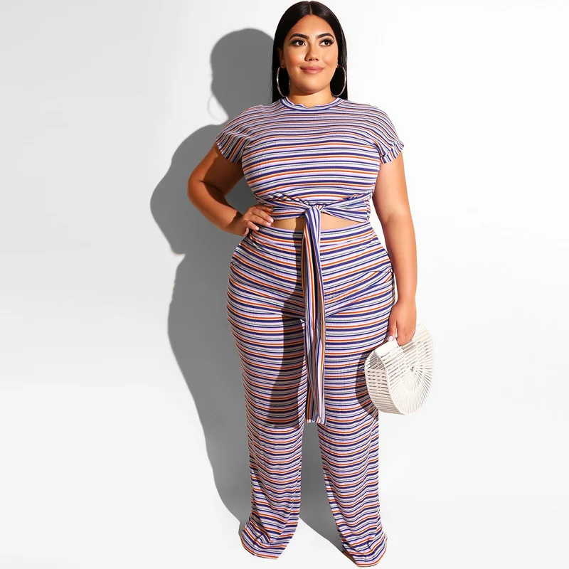 Plus Size Women Sexy Two Pieces Sets Summer 2019 Female Short Sleeve Pants Elasticity Striped Casual 3xl 4xl 5xl 6xl