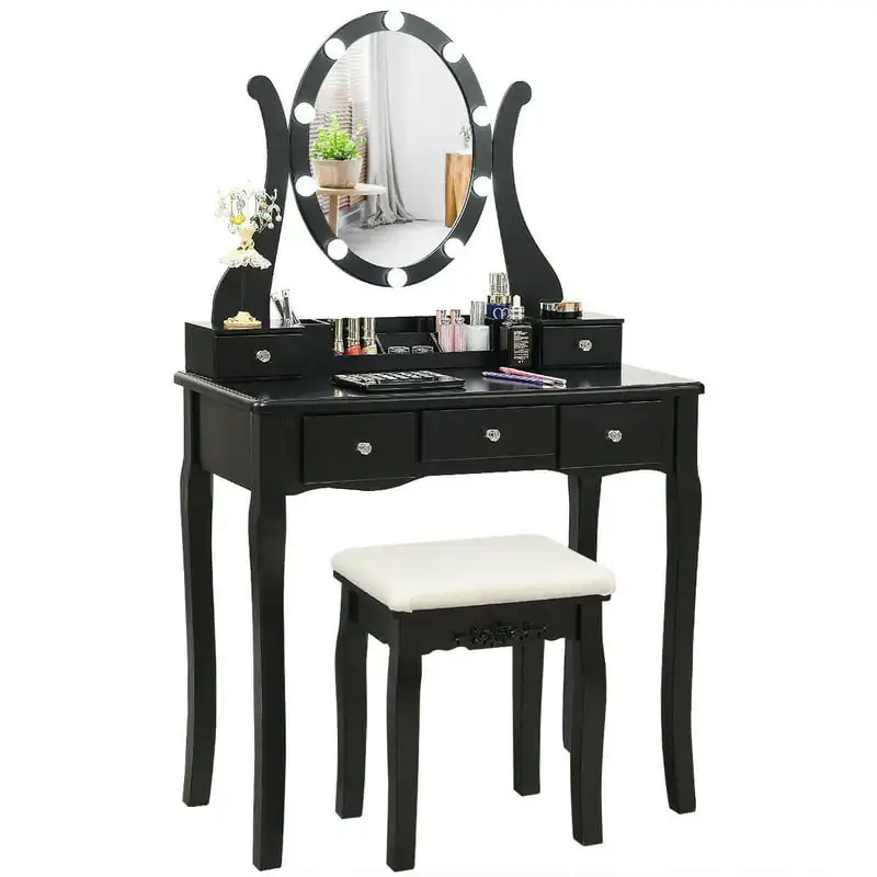 

Table Set Makeup Dressing Table with10 Light Bulbs and Switch, Black