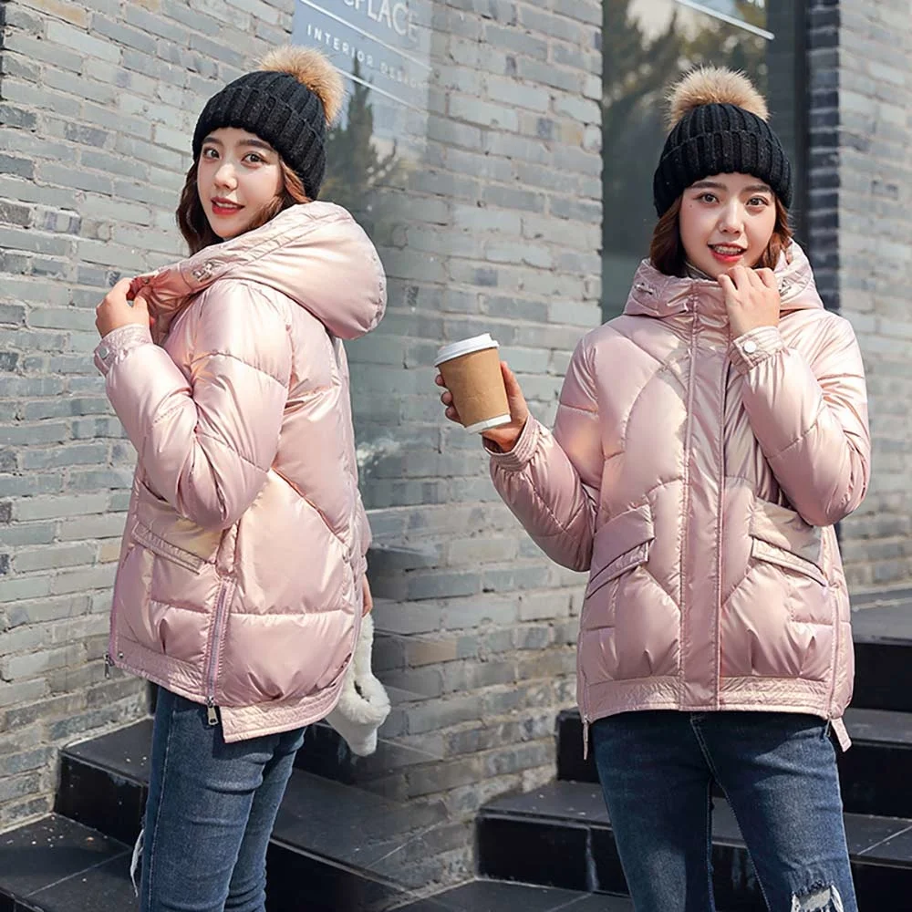 2022 Short Style Cotton Padded Winter Jacket Women Casual Stand Collar Parkas Winter Coats Female Fashion Shiny Outwear