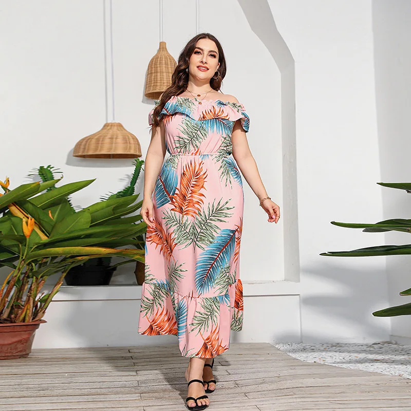 Plus Size Women Summer Dresses 2022 Ruffles Off Shoulder Floral Print Short Sleeve Long Beach Dress Loose Female Oversized Dress