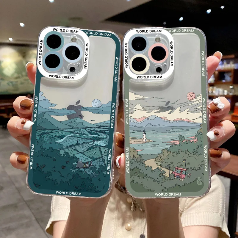 

Cartoon Anime Scene Hand Drawn Phone Case For IPhone 11 12 13 14 Pro Max X XR 8 7 Plus SE 2020 Transparent Lens Protection Cover