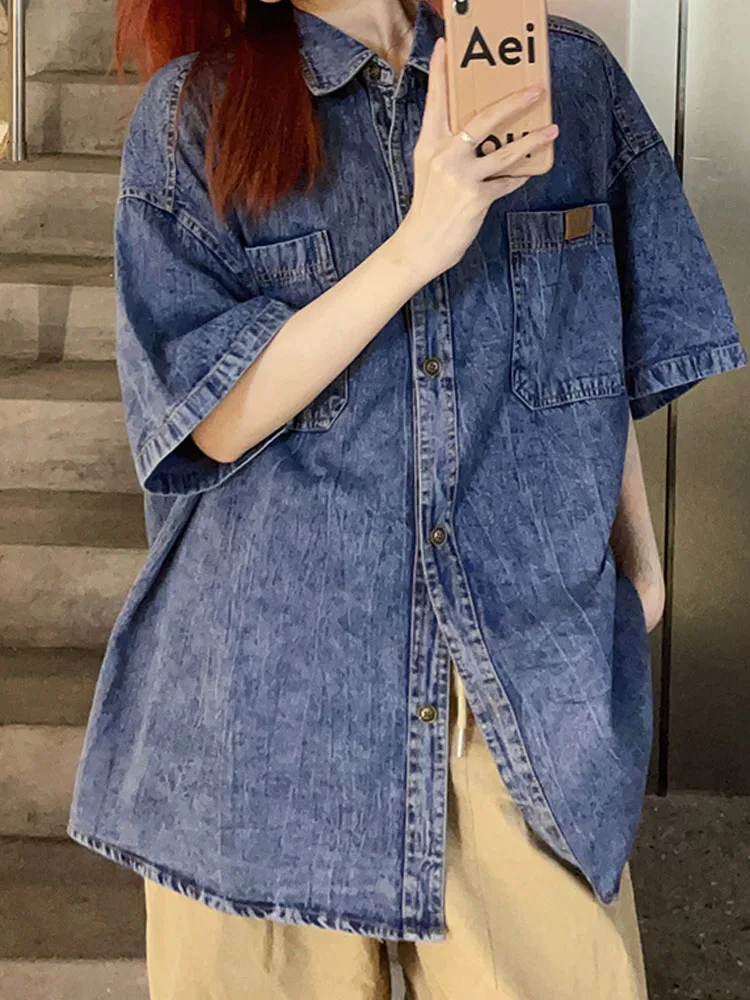 

SONNEESD Autumn Harajuku Diablo Lazy Casual Streetwear Vintage Cowboy Shirt Single-Breasted Short Sleeve Neutral Blouses Shirt