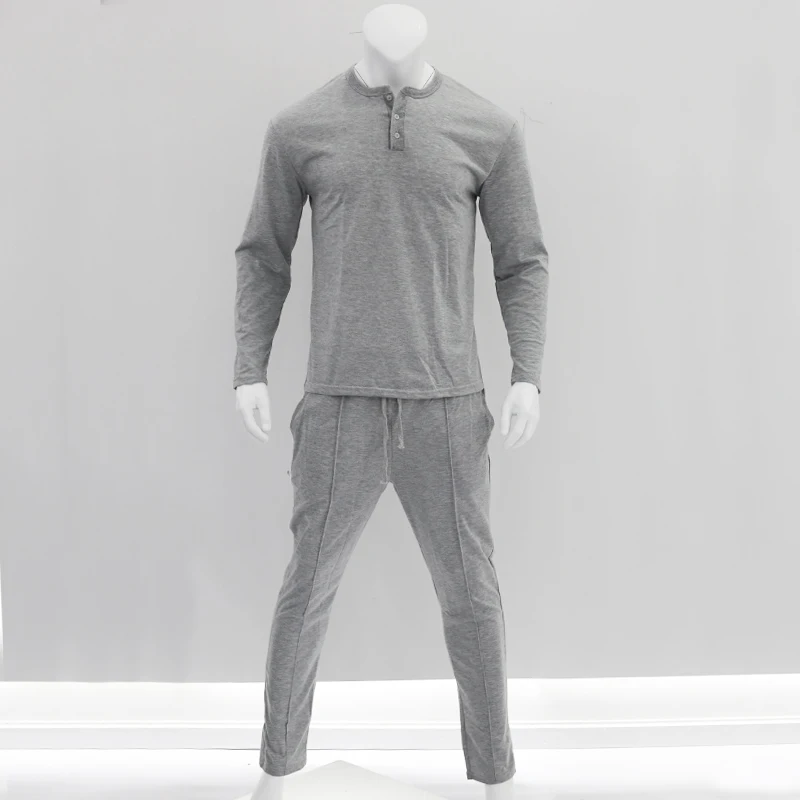 Men's 2023 Spring and Autumn Fitness Sports New Large Solid Henley shirt Long Sleeve Pants Set Fashion Spot