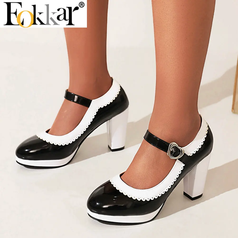 Eokkar Patent Mary Janes Heels Pink Block Rockabilly Shoes Lolita High Heels Shoes Wingtip Shoes Black White Pumps Shoes 2022