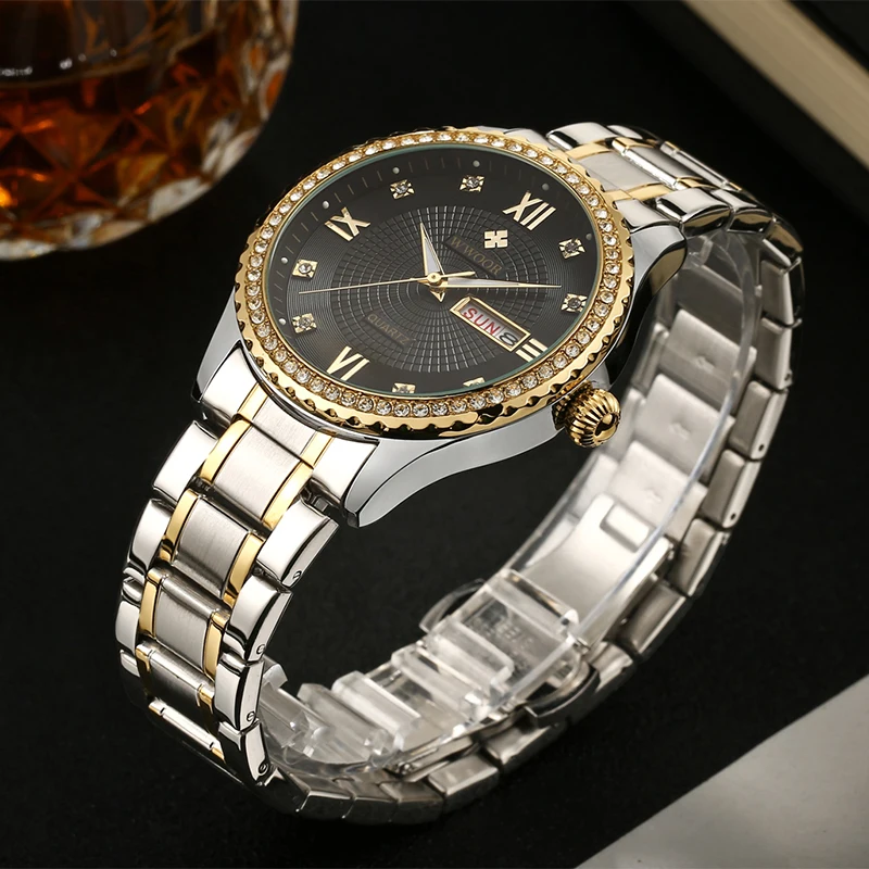 WWOOR Fashion Luxury Men Women Watch Gold Quartz Wristwatch Stainless Steel Couples Clock Waterproof Business Sport Mens Watches