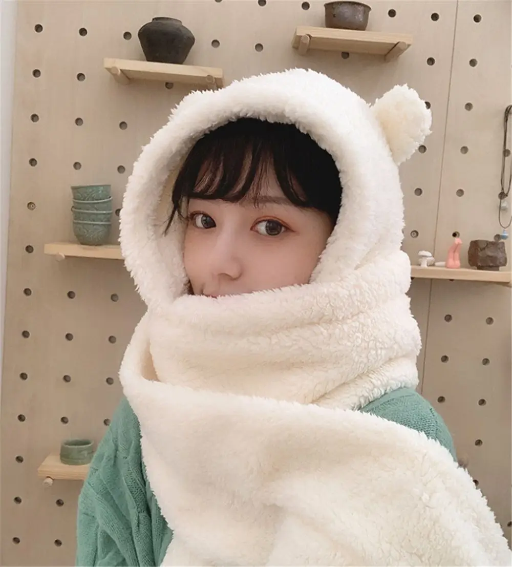 

2022 Fashion Winter Women Novelty Beanies Caps Warm Cute Bear Ear Hat Casual Plush Hat Scarf Set Casual Solid Women Caps Present