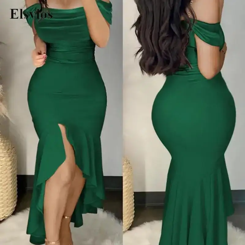 

Женские элегантные облегающие платья, женское сексуальное асимметривечерние вечернее платье с открытыми плечами и оборками, модное одното...