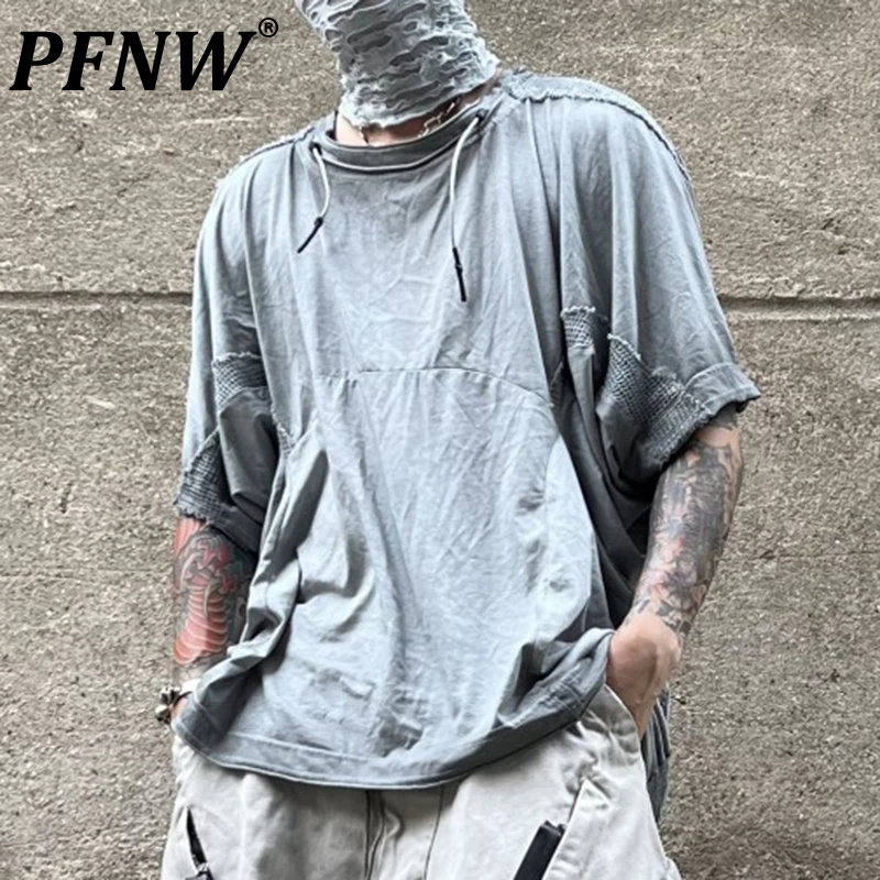 

PFNW Summer New Men's Darkwear Worn Out High Street T-shirt Breathable Short Sleeve Spliced Functional Casual Baggy Tees 28A3252