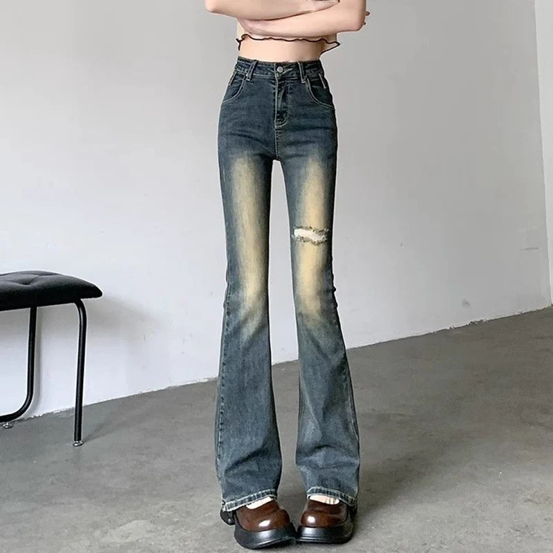 Женские готические рваные расклешенные джинсы с высокой талией женские