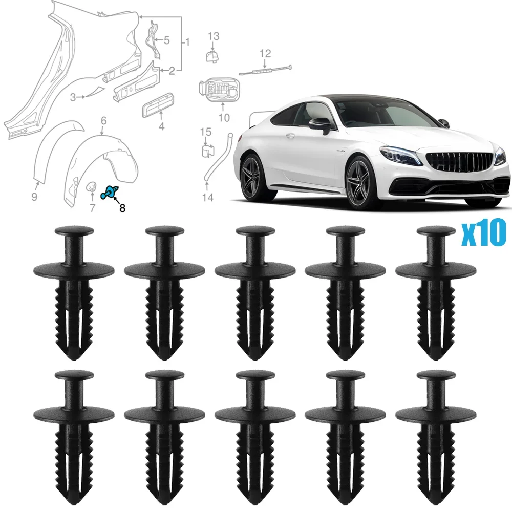 

10 шт. для Mercedes-Benz C-Class W204 2007 2008 2009 2010 2011-2014 автомобильное крыло, бампер, колесная арка, подкладка, отделка брызговика, зажим, заклепка