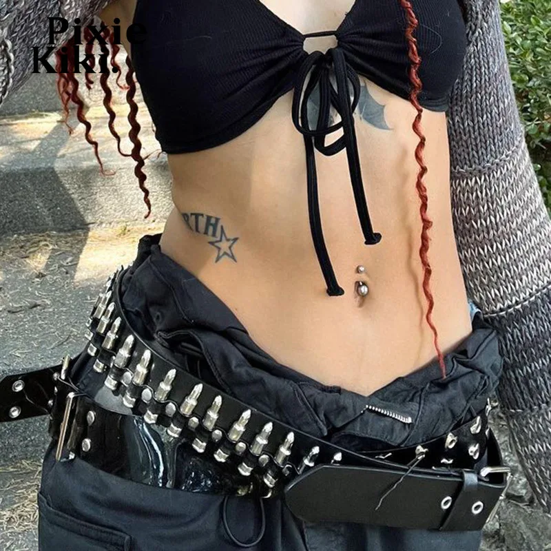 

PixieKiki Cyberpunk Metal Buckle Studded Belt Goth Y2k Style Techwear Apparel Accessories Black Decorative Belt P67-BD14